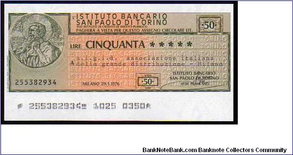 50 Lire
Pk NL

(Emergency Notes _
Local Mini-Check -
Istituto Bancario San Paolo di Torino 
29-01-1976) Banknote