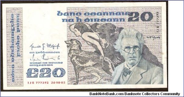20 Pounds.

William Butler Yeats at right, Abbey Theatre symbol at center on face; map on back.

Pick #73b Banknote