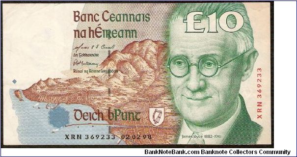 10 Pounds.

Aerial wiew of Dublin at center, James Joyce at right on face; sculpted head representing Liffey River at left, map in underprint on back.

Pick #76b Banknote
