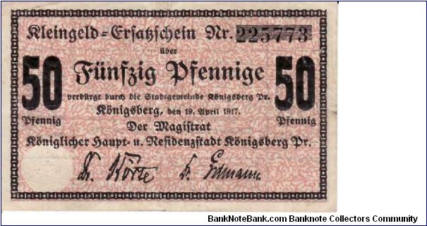 KONIGSBURG (MUNICIPAL)~50 Pfennige 1917. Now Kaliningrad, Russia Banknote