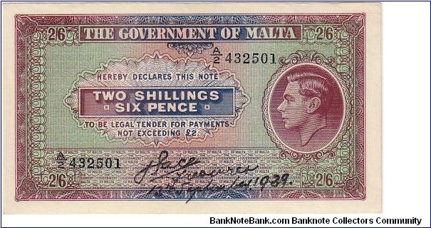 THE GOVERNMENT OF MALTA 2/6 UNIFACE Banknote
