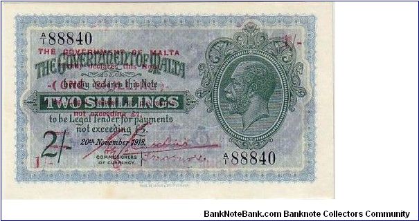 THE GOVERNMENT OF MALTA- OVERFRINT- 
1/- Banknote