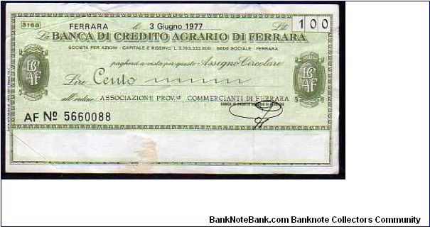 100 Lire
Pk NL

(Emergency Notes_
Local Mini-Check-
Banca Di Credito di Ferrara
03-06-1977) Banknote