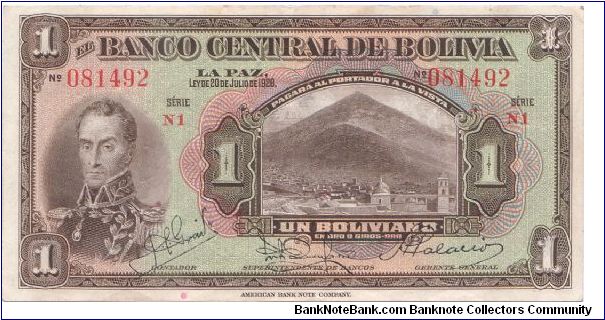 1928 EL BANCO CENTRAL DE BOLIVIA 1 * UN* BOLIVIANO Banknote