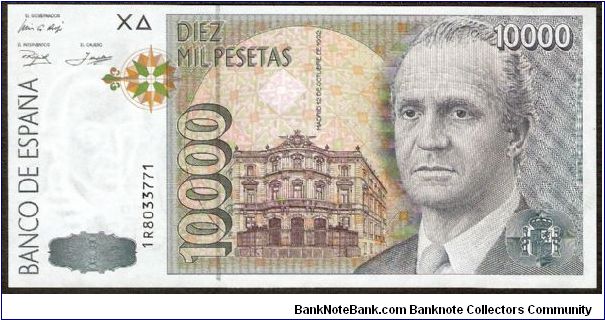 10,000 Pesetas.

King Juan Carlos I at right, Casa de America in Madrid at lower center on face; de Ulloa y de Jorge Juan above astronomical navigation diagram on vertical format on back.

Pick #166 Banknote