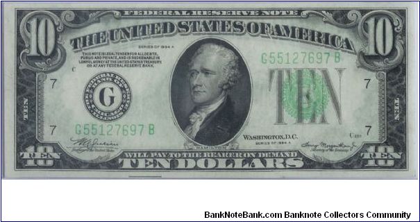 1934 A $10 CHICAGO FRN 

**BLUE GREEN SEAL**

#1 OF 2 CONSECUTIVE Banknote