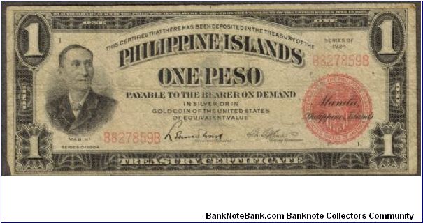 p68a 1924 1 Peso Treasury Certificate Banknote