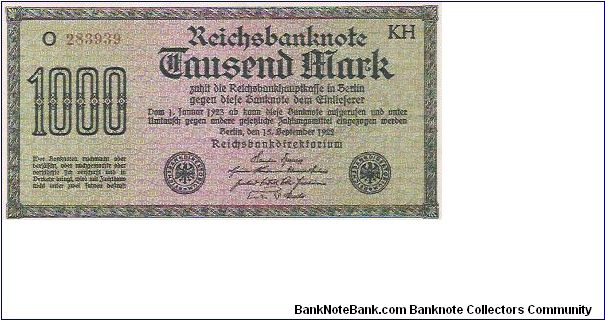 1000 MARK

O 283939  KH

15.9.1922

P # 76 H Banknote