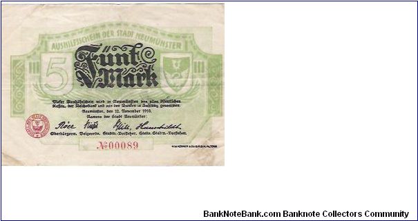 5 MARK

No 00089

12.11.1918 Banknote