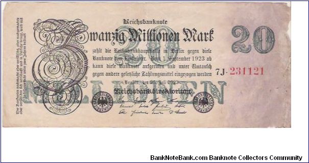 20 MILLIONEN MARK

7J-231121

25.7.1923

P # 97 B Banknote