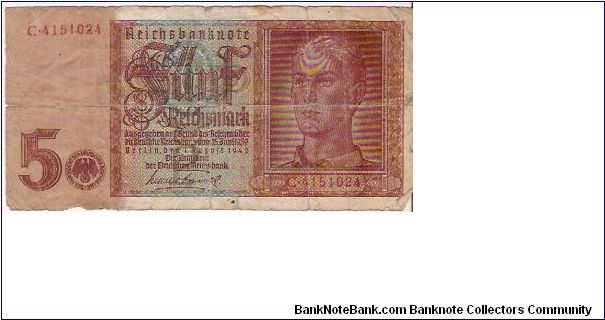 5 REICHSMARK

C-4151024

1.8.1942

P # 186 Banknote