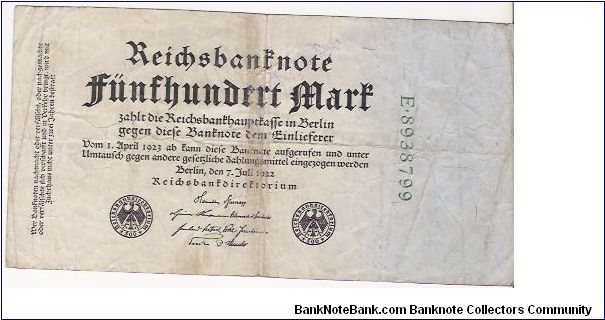 500 MARK

E-8938799

7.7.1922

P # 74 B Banknote