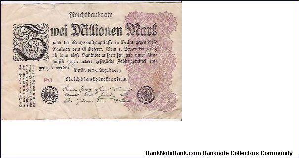 2 MILLONEN MARK

PG

9.8.1923

P # 104 D Banknote