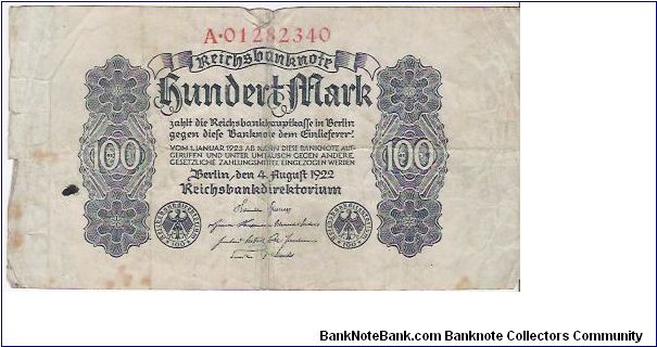 100 MARK

A-01282340

4.8.1922 Banknote