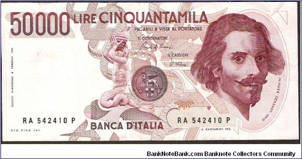 50,000 Lire.

Gian Lorenzo Bernini at right, figurine at center on face; equestrian statue at left center on back.

Pick #113a Banknote