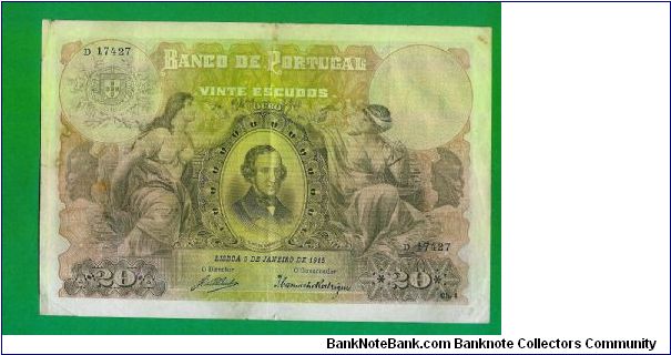 20 ESCUDOS 1915 VF VERY STRONG PAPER CENTRE FOLD SOME RUST MARKS A VERY RARE BANKNOTE Banknote