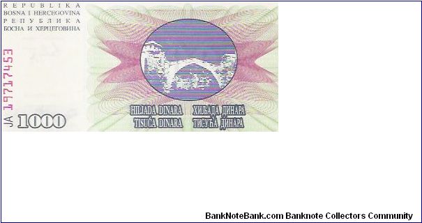 1000 DINARA

JA  19717453

1.7.1992

P # 15 Banknote