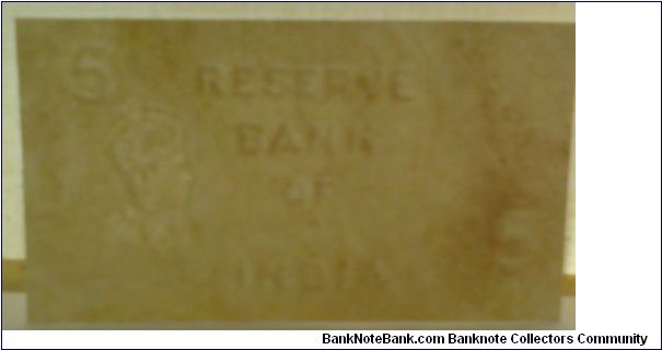 British India. 5 Rupees. Watermraked Hoard paper. Salvaged from cargo ship SS Brenda & sunk off coast of Oban, Scotand's Ardmuckmish bay in 1940. These were revived 50 years later from the sea. Banknote