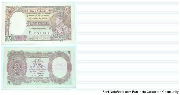 British India. 5 Rupees. George VI. JB Taylor signature. Banknote