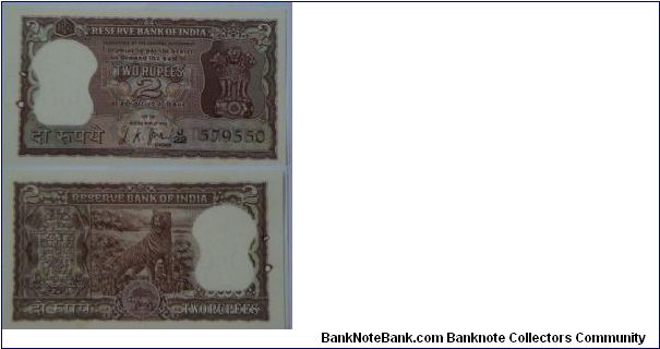 2 Rupees. LK Jha signature. Tiger on back. Banknote
