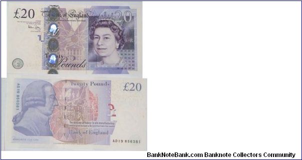 20 Pounds. Andrew Bailey signature. Adam Smith. Banknote
