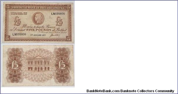 Northern Ireland. 5 Pounds. Provincial Bank of Ireland Ltd.  Banknote