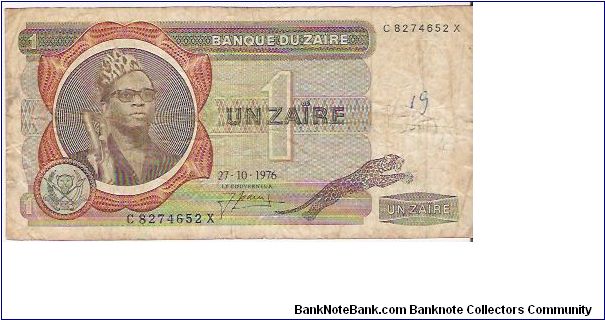 1 ZAIRE

C 8274652 X

27.10.1976

P # 19 B Banknote