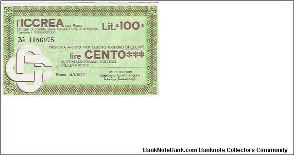 CREDIT NOTE

100 LIRE

No.1186975

14.1.1977 Banknote