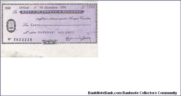 CREDIT NOTE

100 LIRE

No 3622225

15.12.1976 Banknote