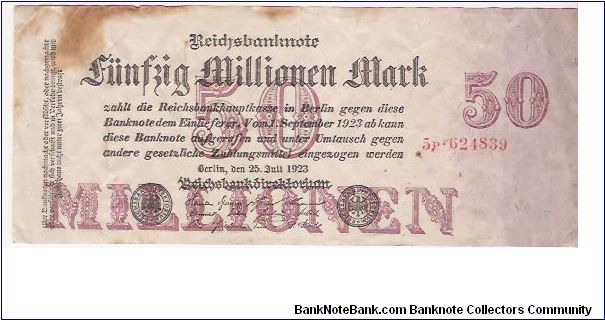 50 MILLIONEN MARK

5P-624839

25.7.1923

P # 98 A Banknote