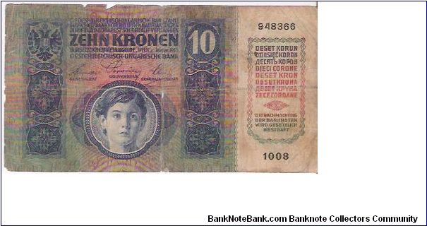 10 KRONEN

948366
1008

2.1.1915

P # 19 Banknote