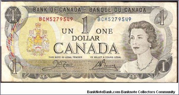 1 Dollar.

Queen Elizabeth II at right, arms at left on face; Parliament Building as seen from across the Ottawa River on back.

Pick #85a Banknote