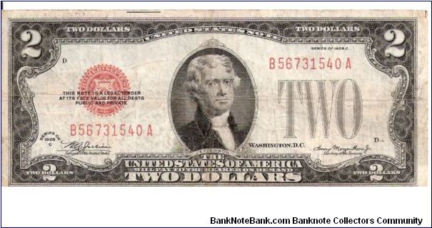 United States Note; 2 dollars; Series 1928C (Julian/Morgenthau) Banknote