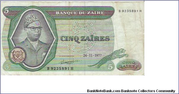 5 ZAIRES

B 9235891 H

24.11.1977

P # 21 B Banknote
