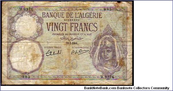 20 Francs__

Pk 78 c__

10-March-1941
 Banknote