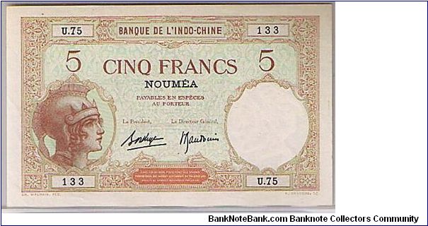 FRENCH INDO CHINA
5 PIASTRES
NEW CALEDONIA Banknote