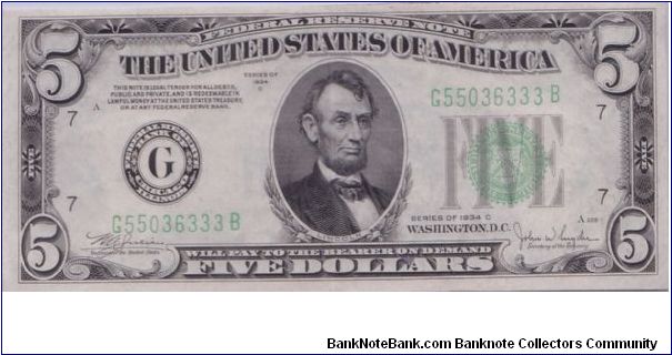 1934 C $5 CHICAGO FRN Banknote