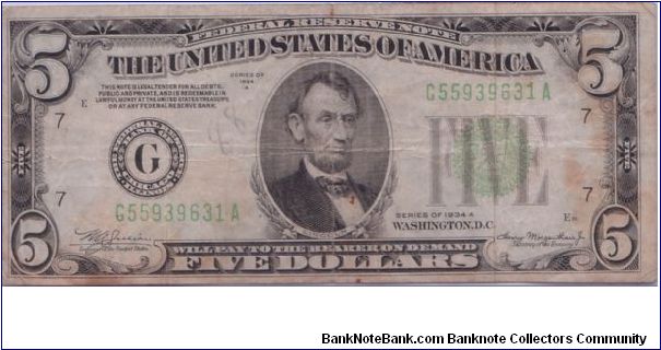 1934 A $5 CHICAGO FRN Banknote