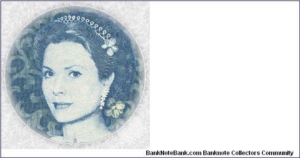 Detail of Komori Printing Test note, ca. 1980 with vignette of Grace de Monaco Banknote