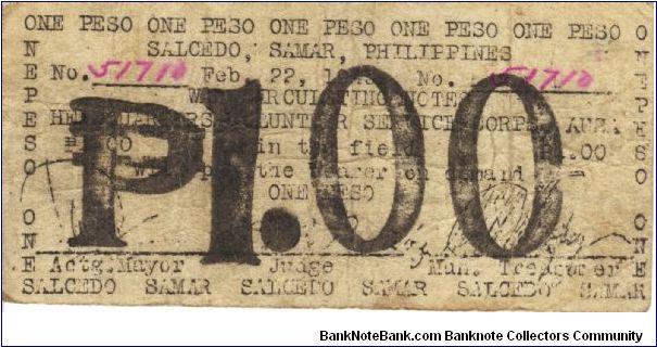 SMR-785 Salcedo, Samar Philippines 1 Peso note. Banknote