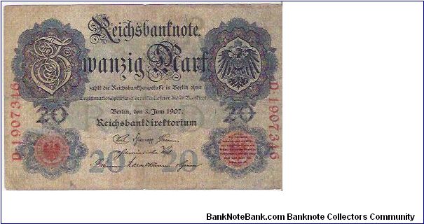 20 MARK

D-1907346

8.6.1907

P # 28 Banknote