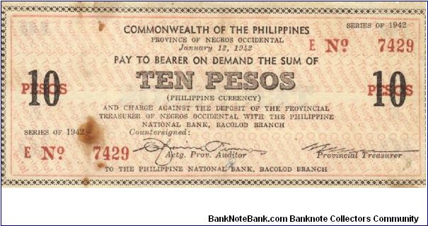 S-639 Negros Occidental 10 Pesos note. Banknote