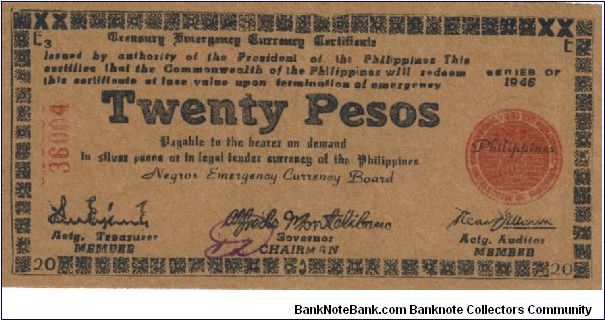 S-684 Negros Emergency Currency Board Twenty Pesos note. Banknote
