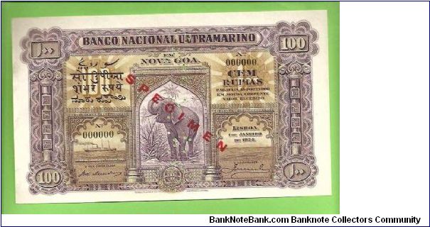 PORTUGUESE INDIA 100 RUPIAS 1924 SPECIMEN - VERY RARE Banknote