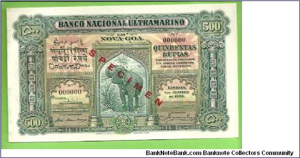 500 RÚPIAS 1924 PORTUGUESE INDIA VERY RARE SPECIMEN Banknote