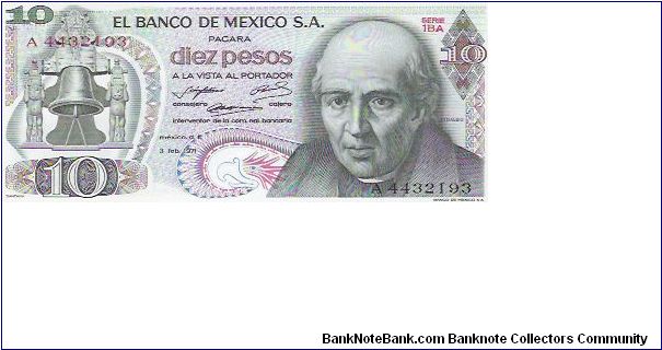 10 PESOS

A 4432193

SERIE 1BA

3.2.1971

P # 63 D Banknote