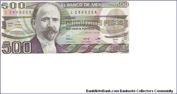 500 PESOS

L 2698256

SERIE DU

7.8.1984

P # 79 B Banknote