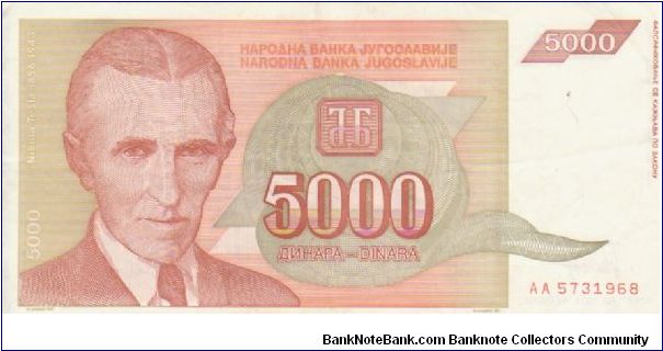 Yugoslavia 5000 Dinars dated 1993 Banknote