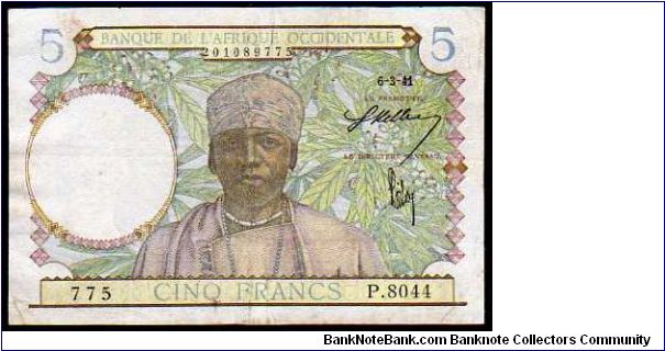 *FRENCH WEST AFRICA*
__________________

5 Francs__
Pk 25__

1941-1942__

09-11-1941
 Banknote