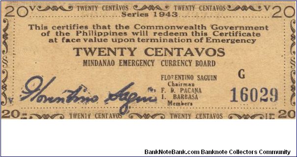 S-483b Mindanao Emergency Currency Board 20 centavos note. Banknote